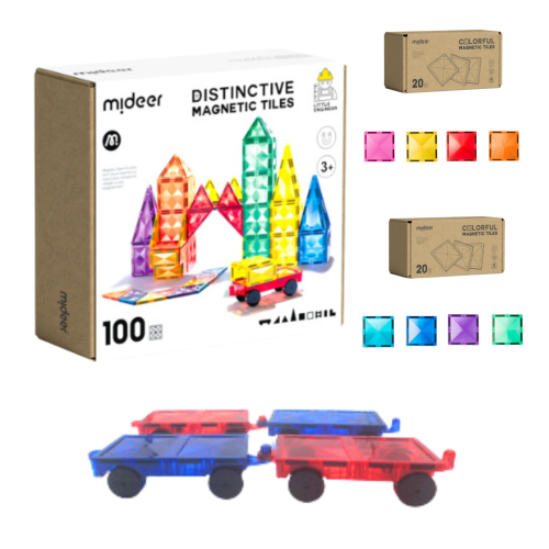 SADA Stavebnice 100 ks + Magnetické dieliky CELKOM 140 ks + Podvozky 4 ks